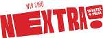 Grafik mit dem Aufdruck "WIR SIND NEXTRA". Rot-weiße Gestaltung, Theater-Symbol.