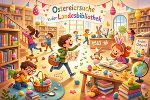 Fröhliche Kinder suchen in einer Bibliothek nach Ostereiern. Im Hintergrund prachtvolle Bücherregale.