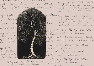 Illustration einer weißen Birke in einem schwarzen Bogen auf beigem Hintergrund mit handgeschriebenem Text.