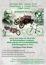 Plakat zum Vortrag mit Klaus Peter Riedel über Johann Puch